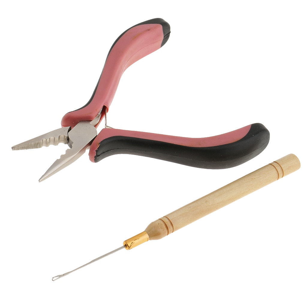 Hair Extensions Pliers with Wooden Pulling Hook Set For Silicone Micro Ring Loop Bead